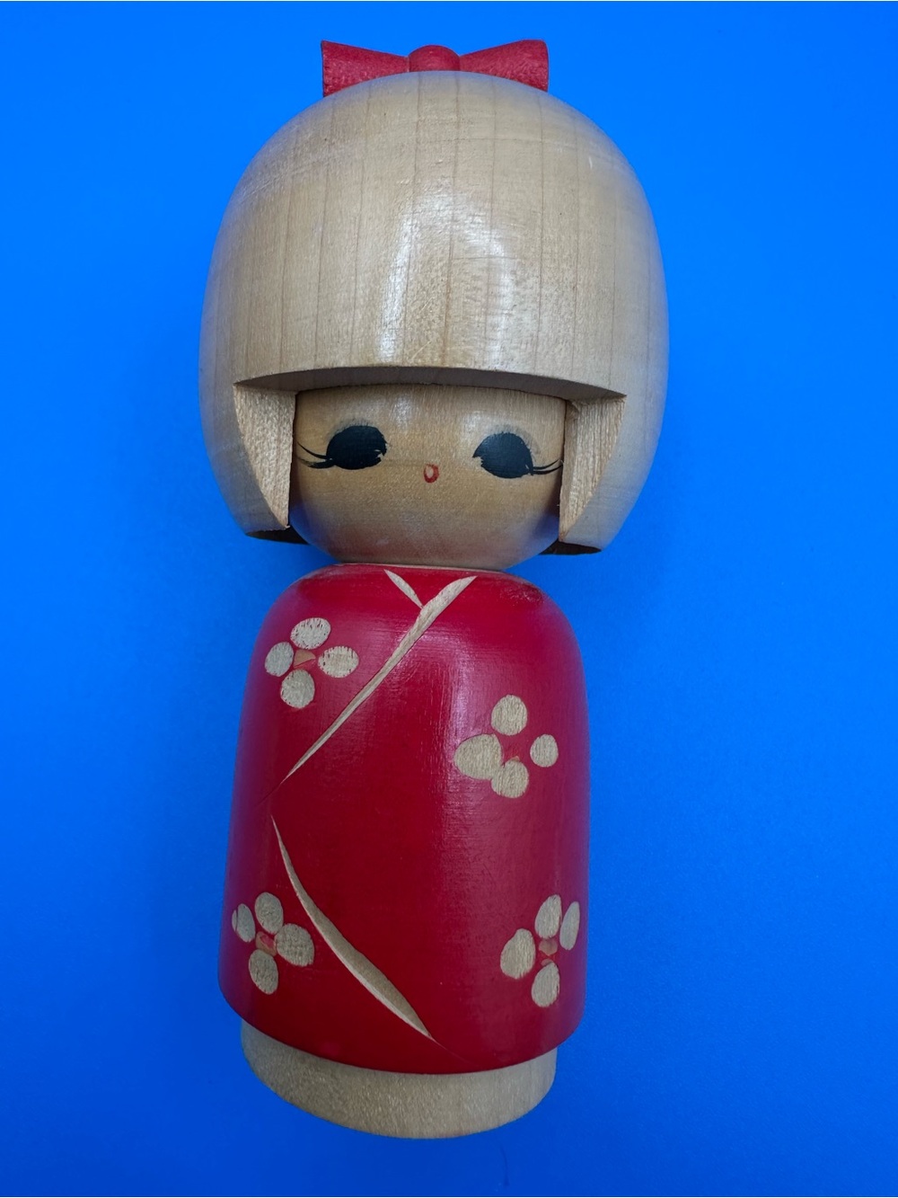 Vintage Japanese Kokeshi Doll–Red Kimono, Cherry Blossom, Red Bow, Made in Japan